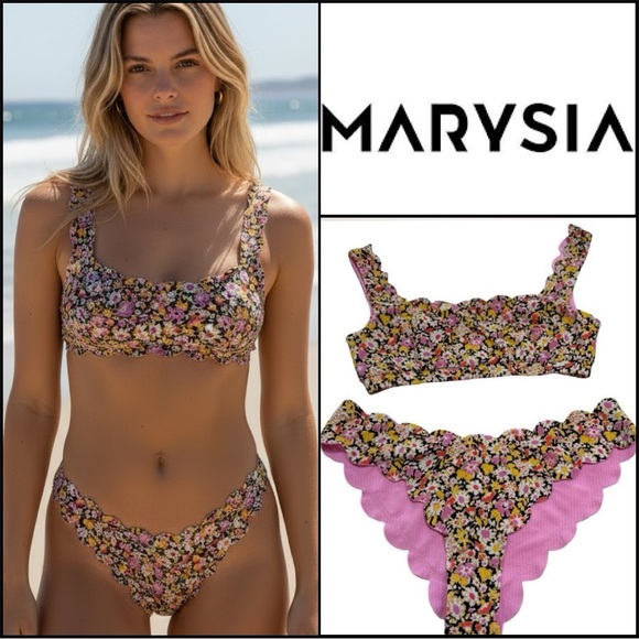 Marysia Swim Other - Marysia Pink and Black Floral Reversible Bikini Scalloped